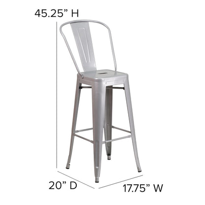 30" High Silver Metal Bar Height Stool with Gray All-Weather Poly Resin Seat