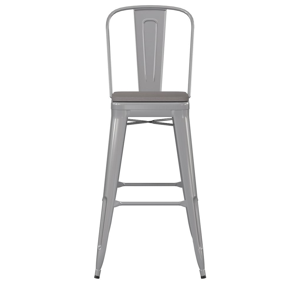 30" High Silver Metal Bar Height Stool with Gray All-Weather Poly Resin Seat