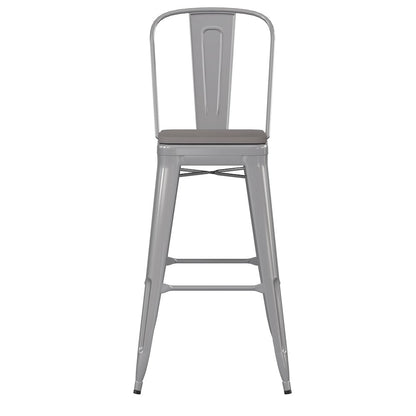 30" High Silver Metal Bar Height Stool with Gray All-Weather Poly Resin Seat