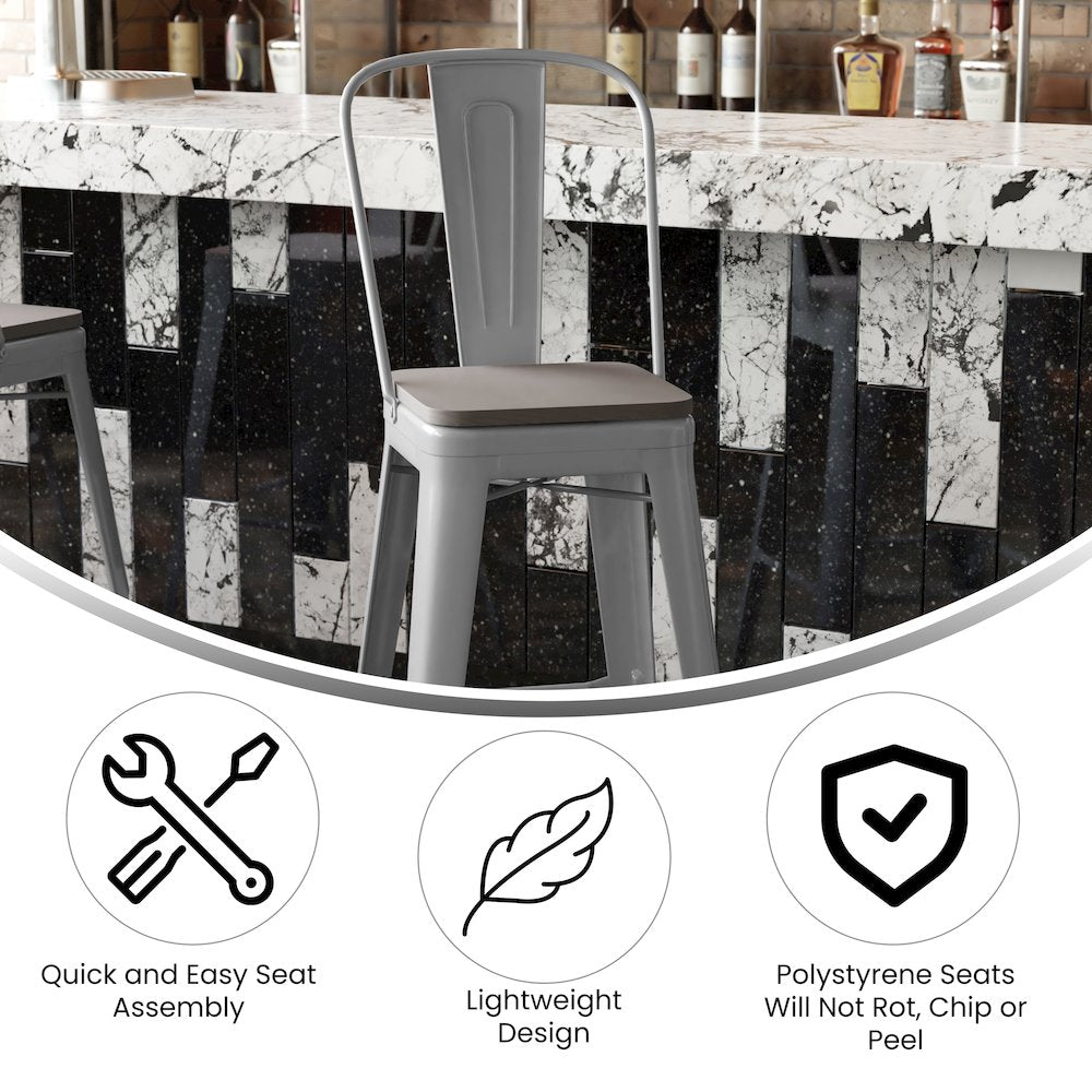 30" High Silver Metal Bar Height Stool with Gray All-Weather Poly Resin Seat