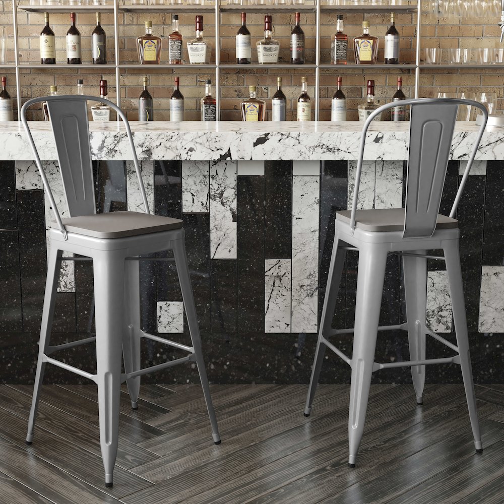 30" High Silver Metal Bar Height Stool with Gray All-Weather Poly Resin Seat