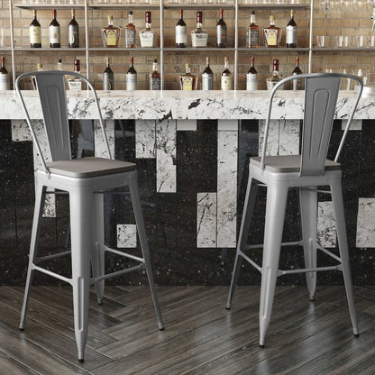 30" High Silver Metal Bar Height Stool with Gray All-Weather Poly Resin Seat