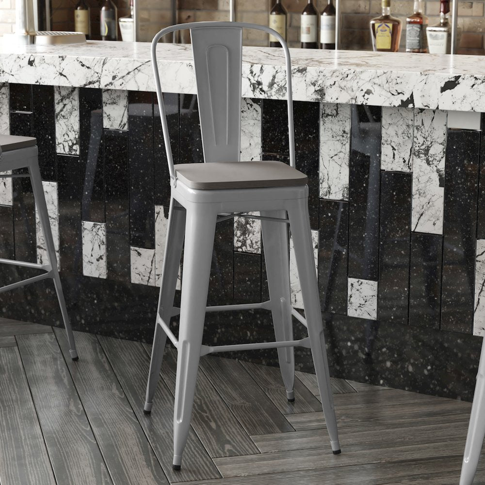 30" High Silver Metal Bar Height Stool with Gray All-Weather Poly Resin Seat