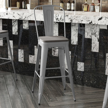 30" High Silver Metal Bar Height Stool with Gray All-Weather Poly Resin Seat