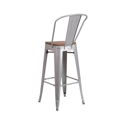 30" High Silver Metal Barstool with Back and Wood Seat