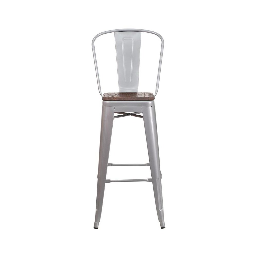 30" High Silver Metal Barstool with Back and Wood Seat