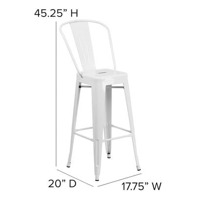 30" High White Metal Indoor-Outdoor Barstool with Removable Back