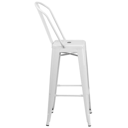 30" High White Metal Indoor-Outdoor Barstool with Removable Back