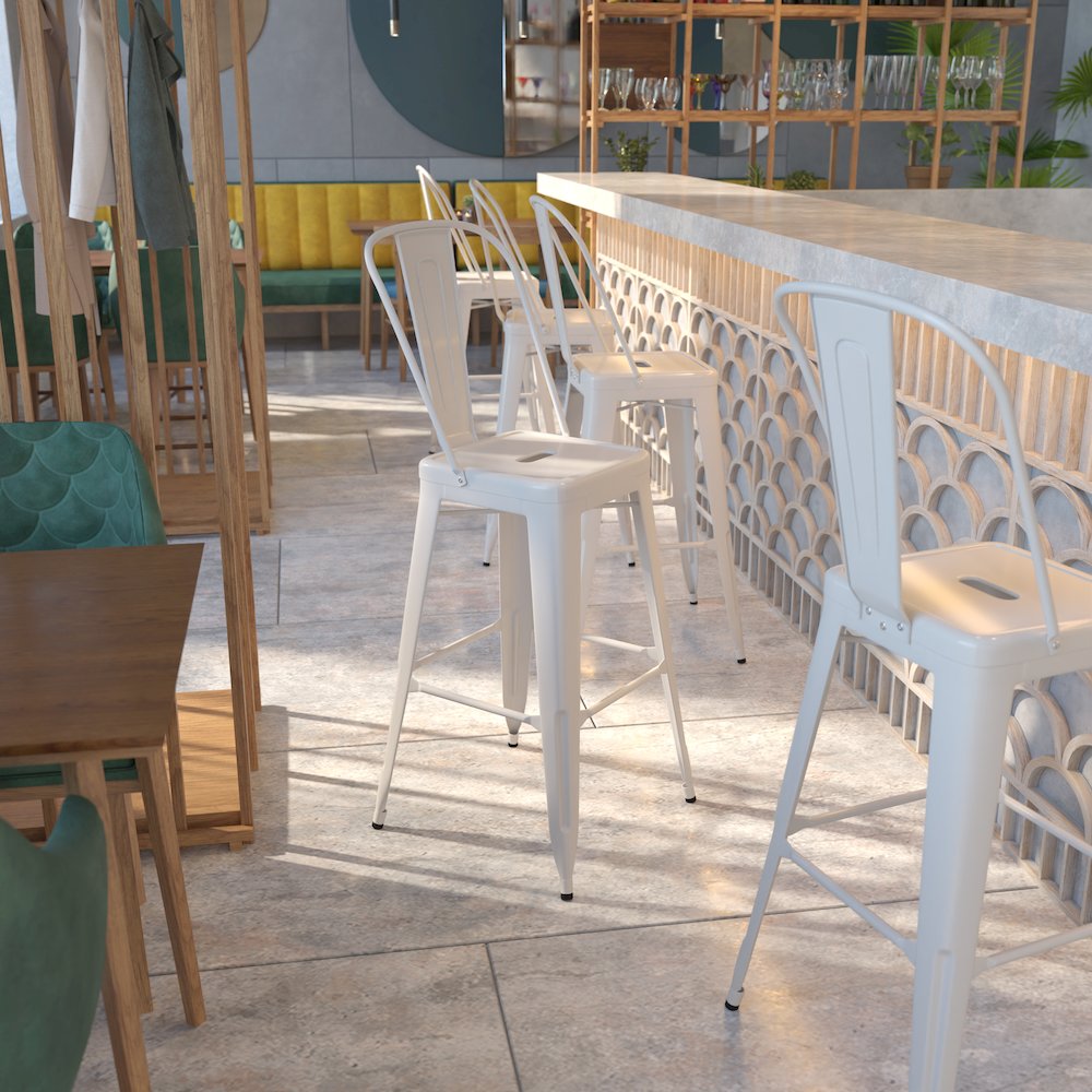 30" High White Metal Indoor-Outdoor Barstool with Removable Back