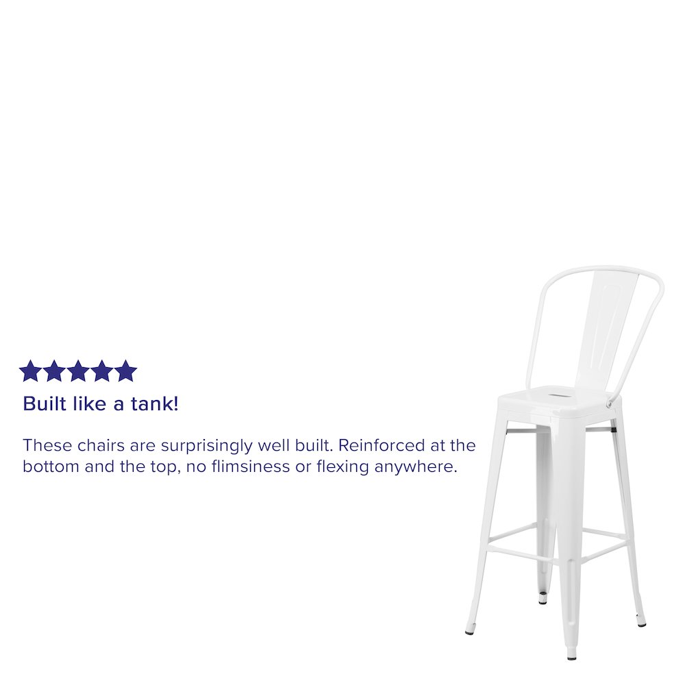 30" High White Metal Indoor-Outdoor Barstool with Removable Back