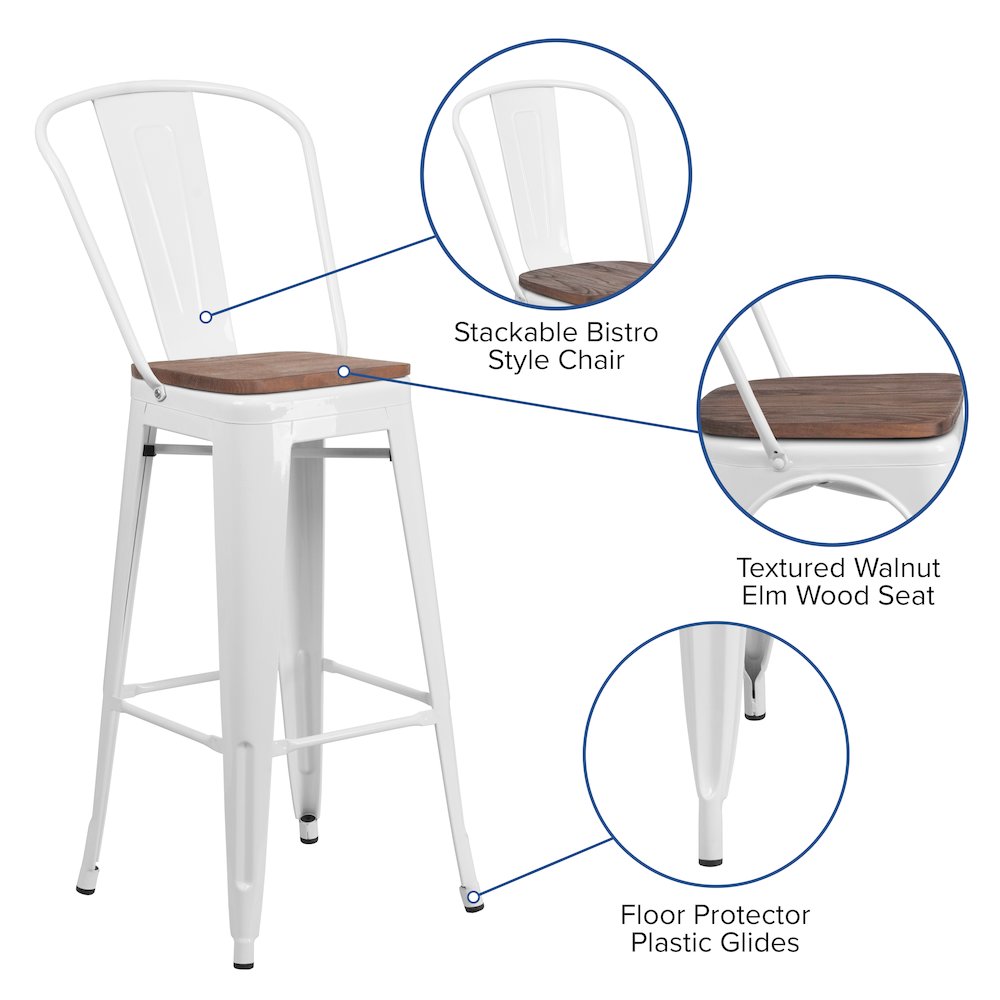30" High White Metal Barstool with Back and Wood Seat