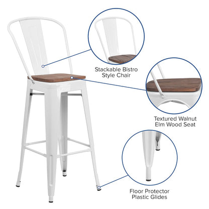 30" High White Metal Barstool with Back and Wood Seat