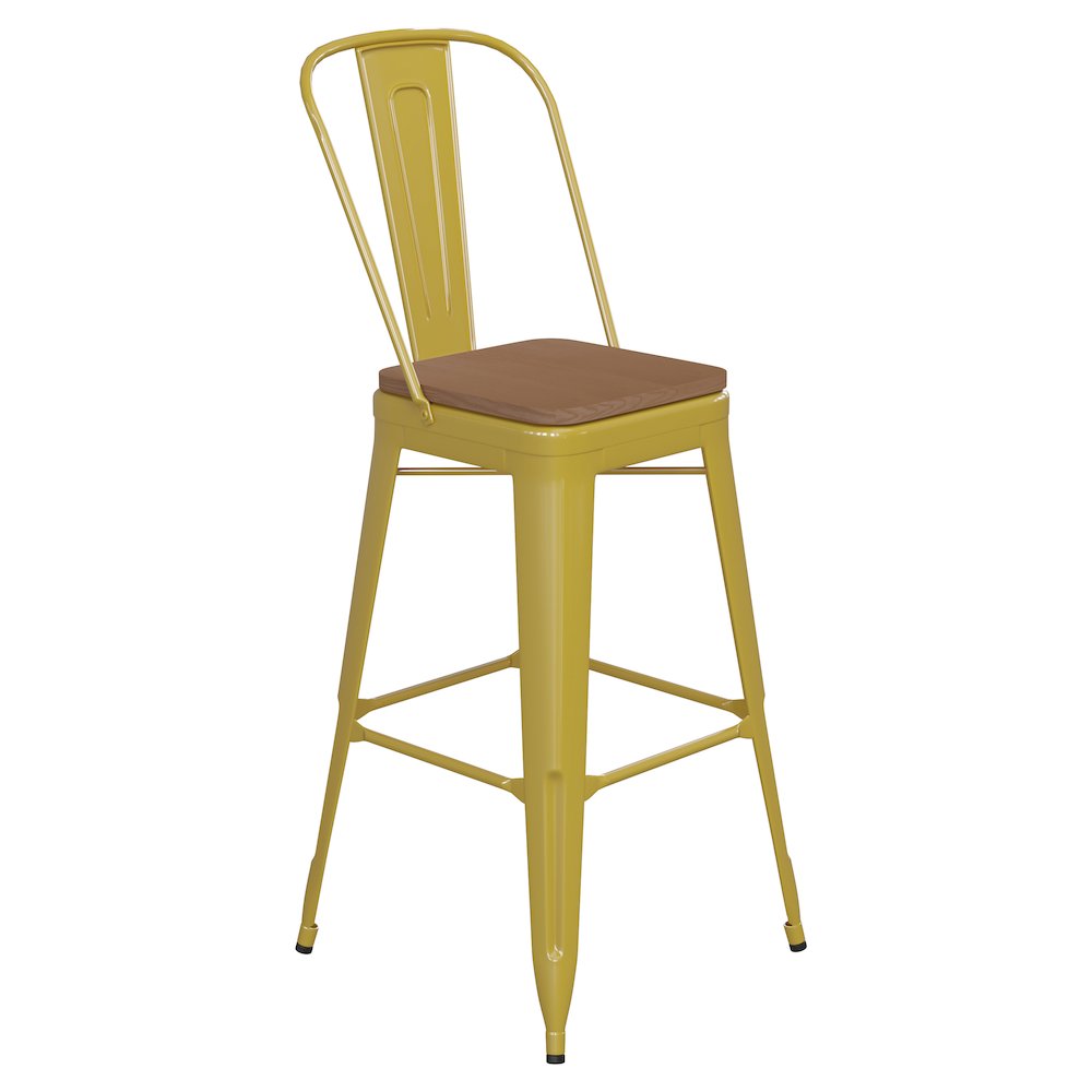 30" High Yellow Metal Bar Height Stool with Teak All-Weather Poly Resin Seat