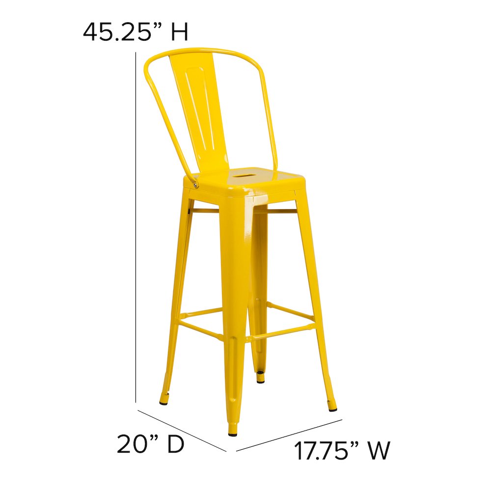 30" High Yellow Metal Bar Height Stool with Teak All-Weather Poly Resin Seat