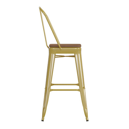 30" High Yellow Metal Bar Height Stool with Teak All-Weather Poly Resin Seat