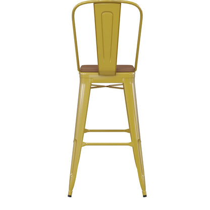 30" High Yellow Metal Bar Height Stool with Teak All-Weather Poly Resin Seat