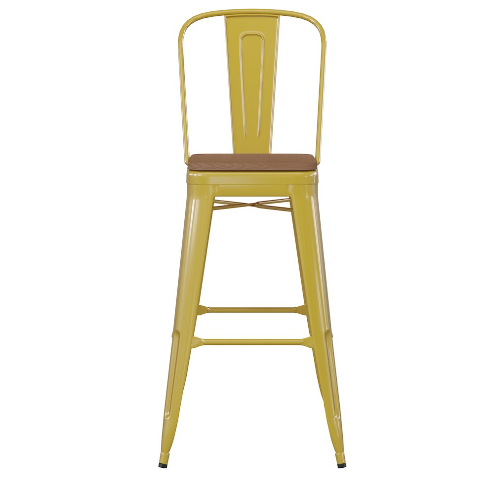 30" High Yellow Metal Bar Height Stool with Teak All-Weather Poly Resin Seat