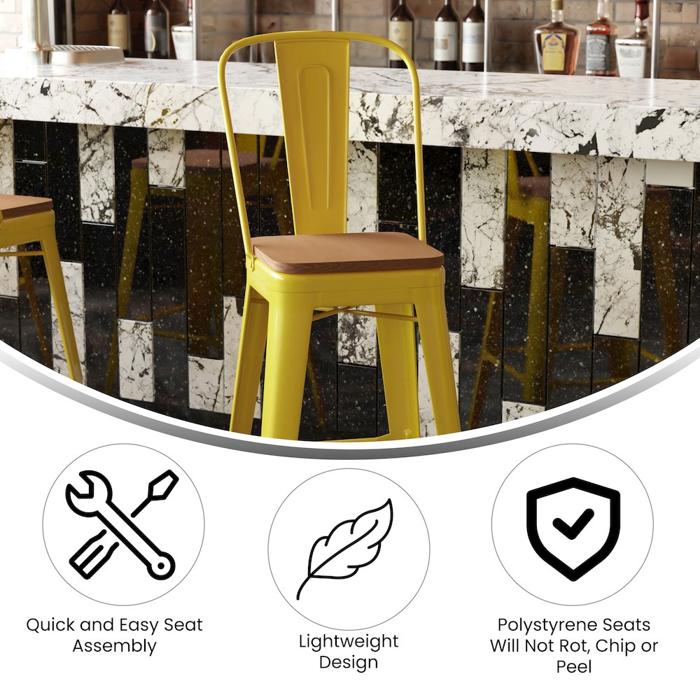 30" High Yellow Metal Bar Height Stool with Teak All-Weather Poly Resin Seat