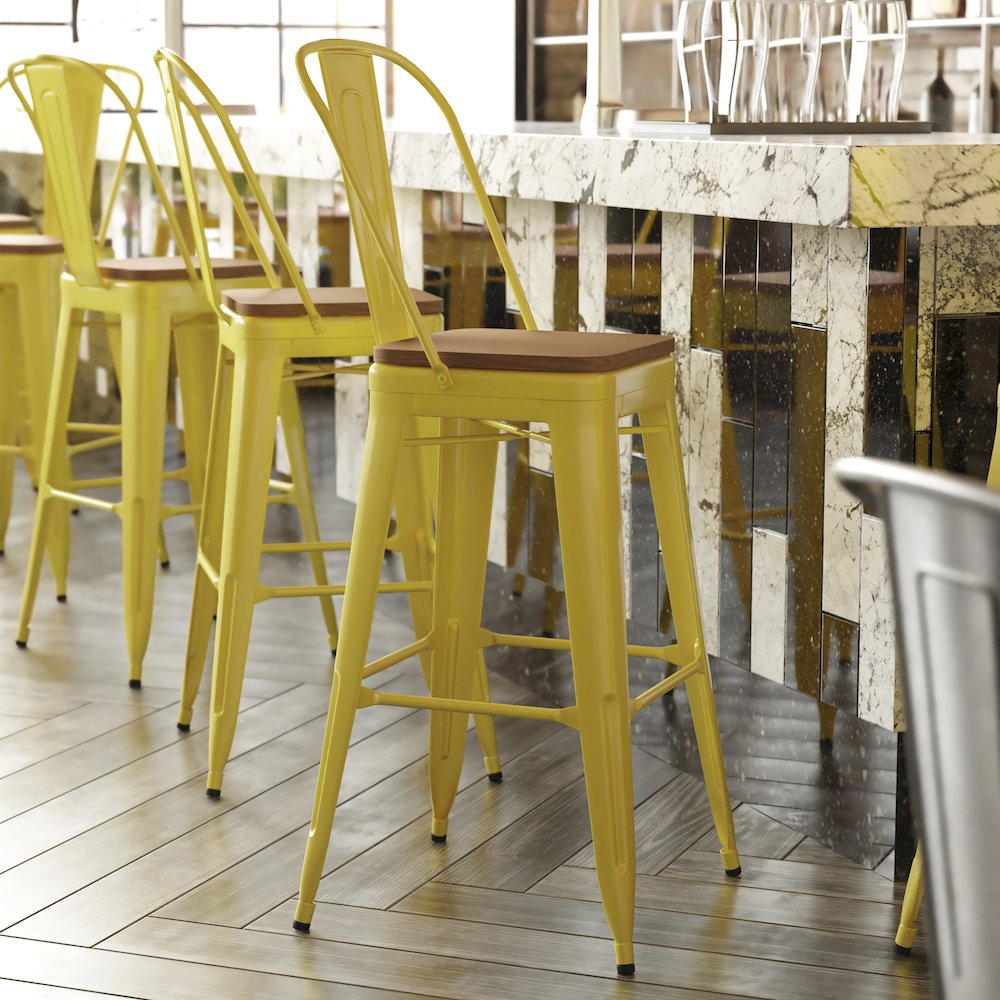 30" High Yellow Metal Bar Height Stool with Teak All-Weather Poly Resin Seat