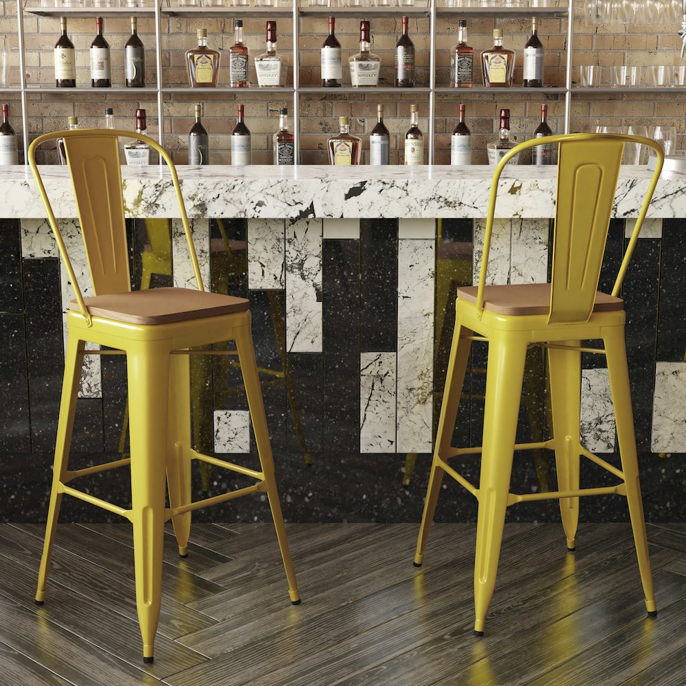 30" High Yellow Metal Bar Height Stool with Teak All-Weather Poly Resin Seat