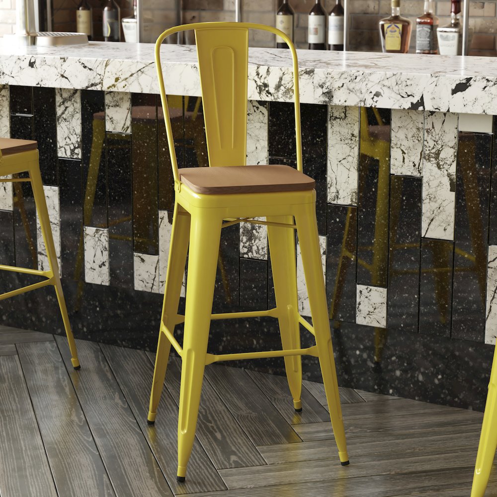 30" High Yellow Metal Bar Height Stool with Teak All-Weather Poly Resin Seat