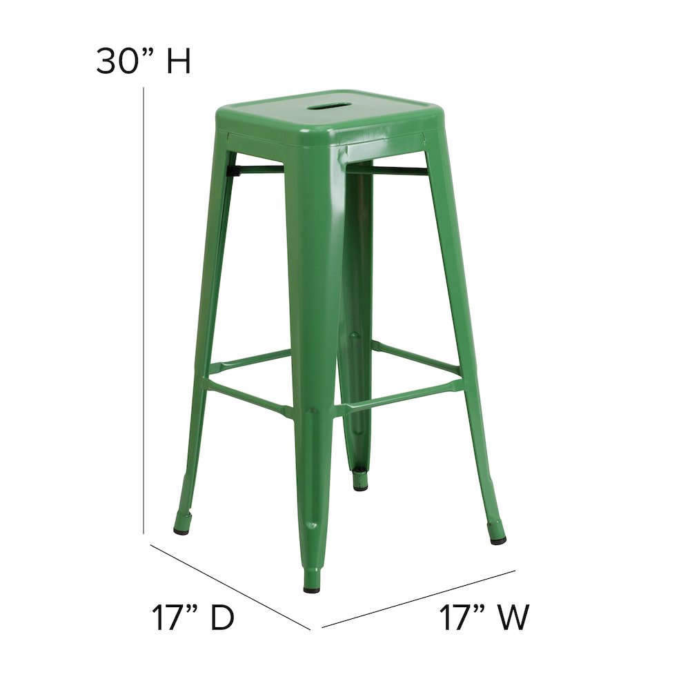 Commercial Grade 30" High Backless Green Metal Indoor-Outdoor Barstool with Square Seat