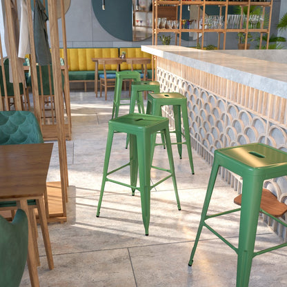 30" High Backless Green Metal Indoor-Outdoor Barstool with Square Seat