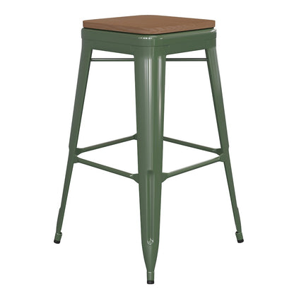 30" High Green Metal Indoor-Outdoor Barstool with Teak Poly Resin Wood Seat