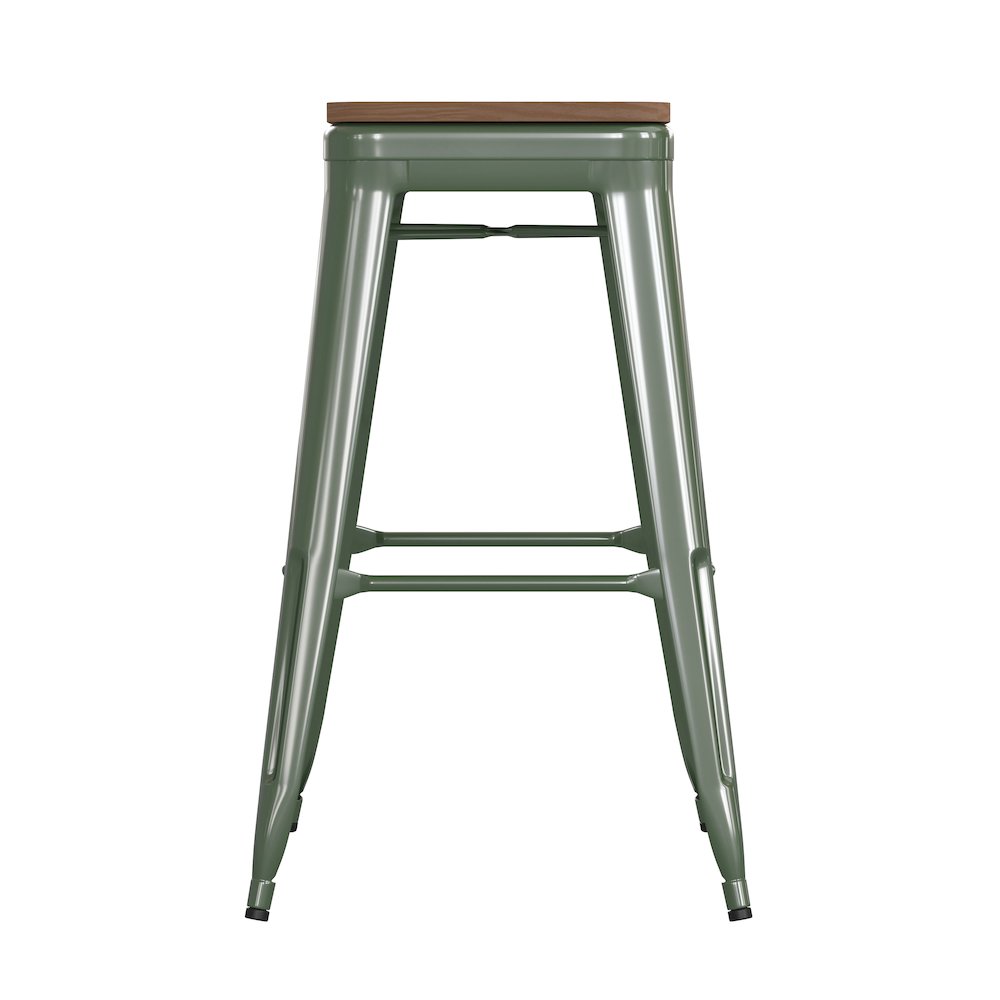 30" High Green Metal Indoor-Outdoor Barstool with Teak Poly Resin Wood Seat