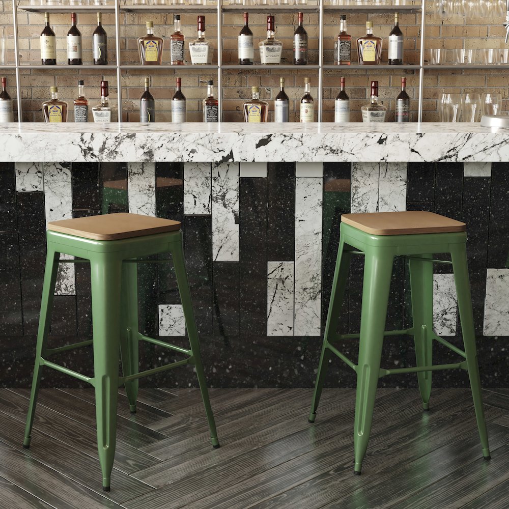 30" High Green Metal Indoor-Outdoor Barstool with Teak Poly Resin Wood Seat