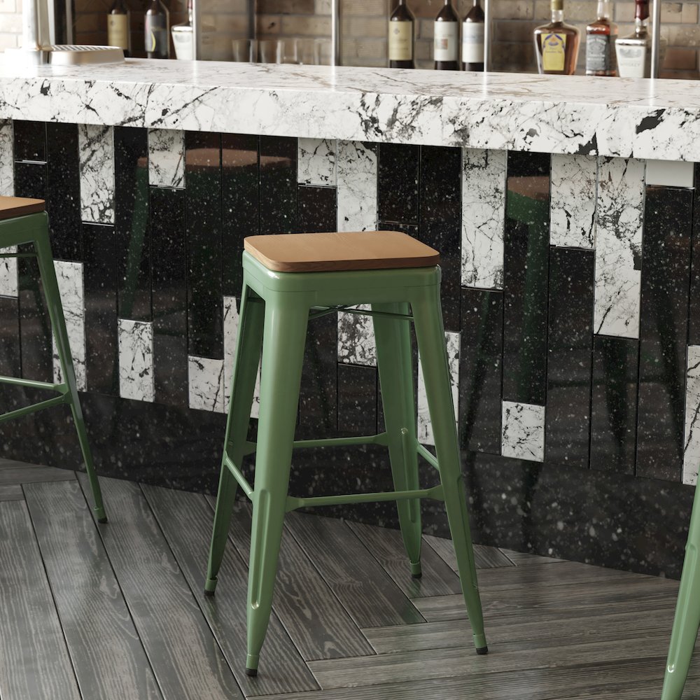 30" High Green Metal Indoor-Outdoor Barstool with Teak Poly Resin Wood Seat
