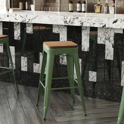 30" High Green Metal Indoor-Outdoor Barstool with Teak Poly Resin Wood Seat