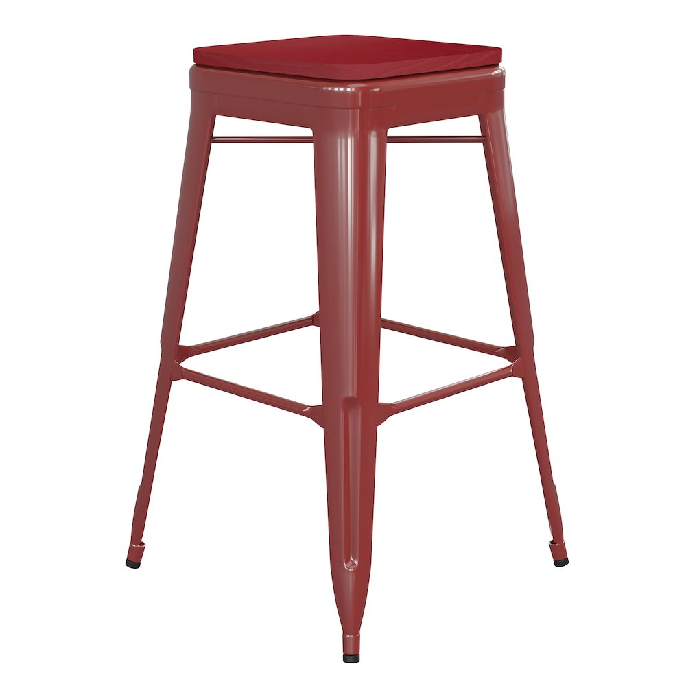 30" High Red Metal Indoor-Outdoor Barstool with Red Poly Resin Wood Seat