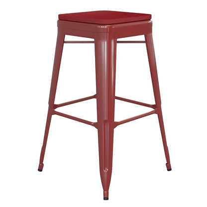30" High Red Metal Indoor-Outdoor Barstool with Red Poly Resin Wood Seat