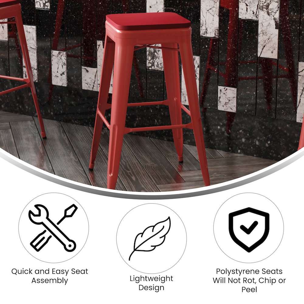 30" High Red Metal Indoor-Outdoor Barstool with Red Poly Resin Wood Seat