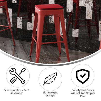 30" High Red Metal Indoor-Outdoor Barstool with Red Poly Resin Wood Seat