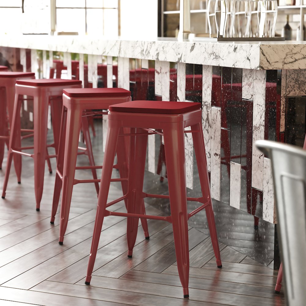 30" High Red Metal Indoor-Outdoor Barstool with Red Poly Resin Wood Seat
