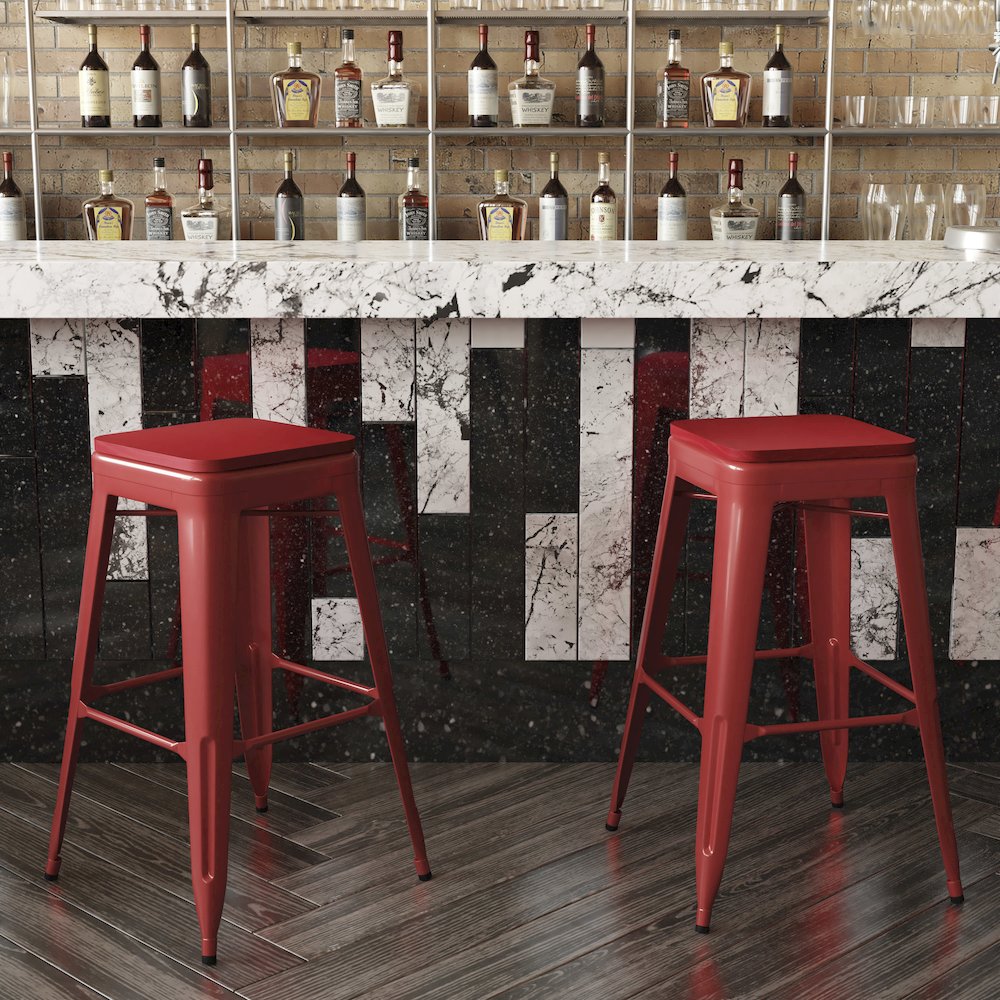 30" High Red Metal Indoor-Outdoor Barstool with Red Poly Resin Wood Seat
