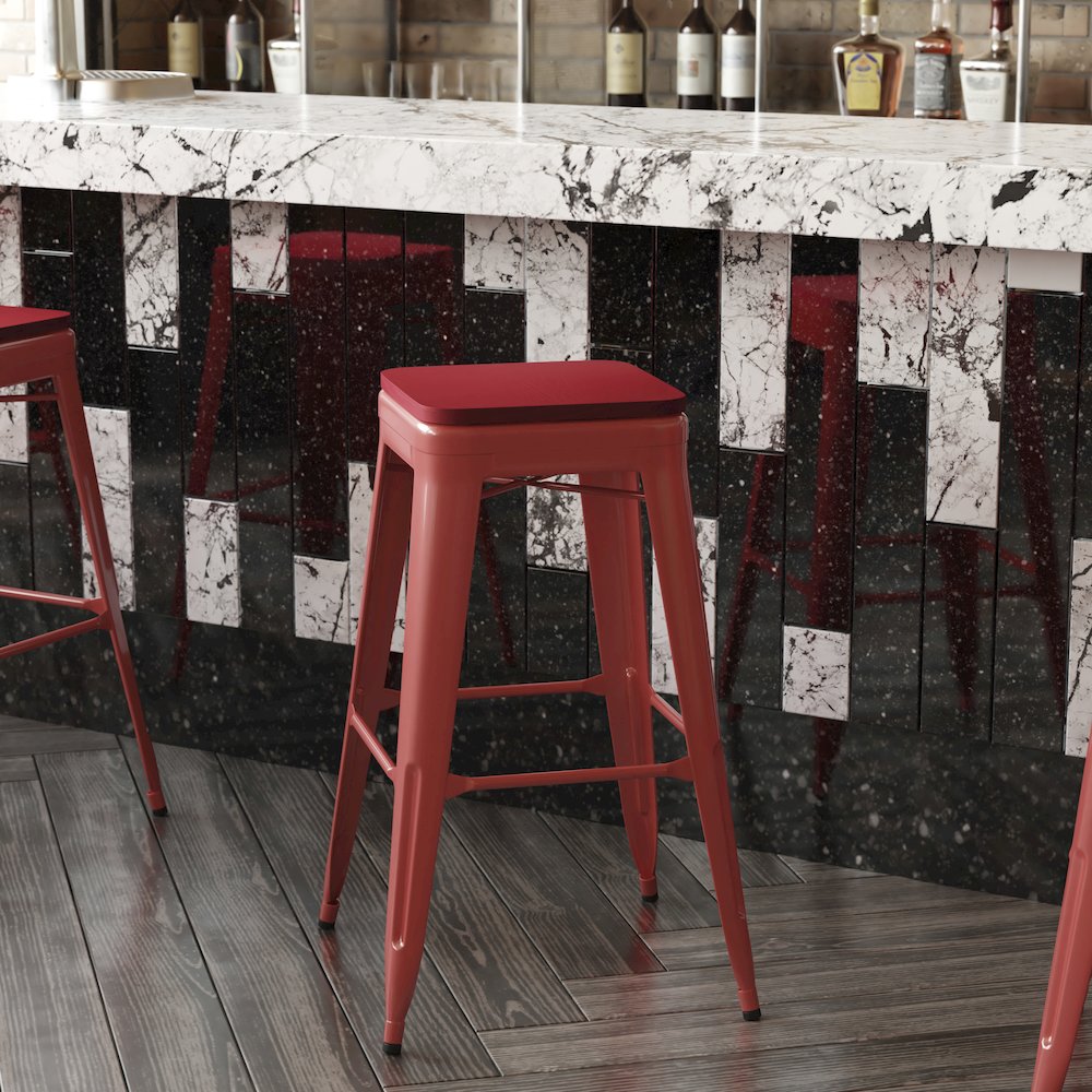 30" High Red Metal Indoor-Outdoor Barstool with Red Poly Resin Wood Seat