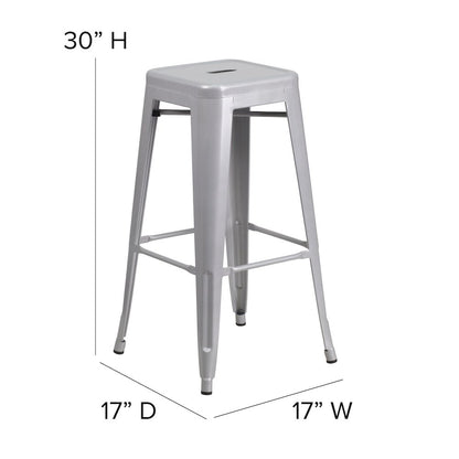 30" High Silver Metal Indoor-Outdoor Barstool with Gray Poly Resin Wood Seat