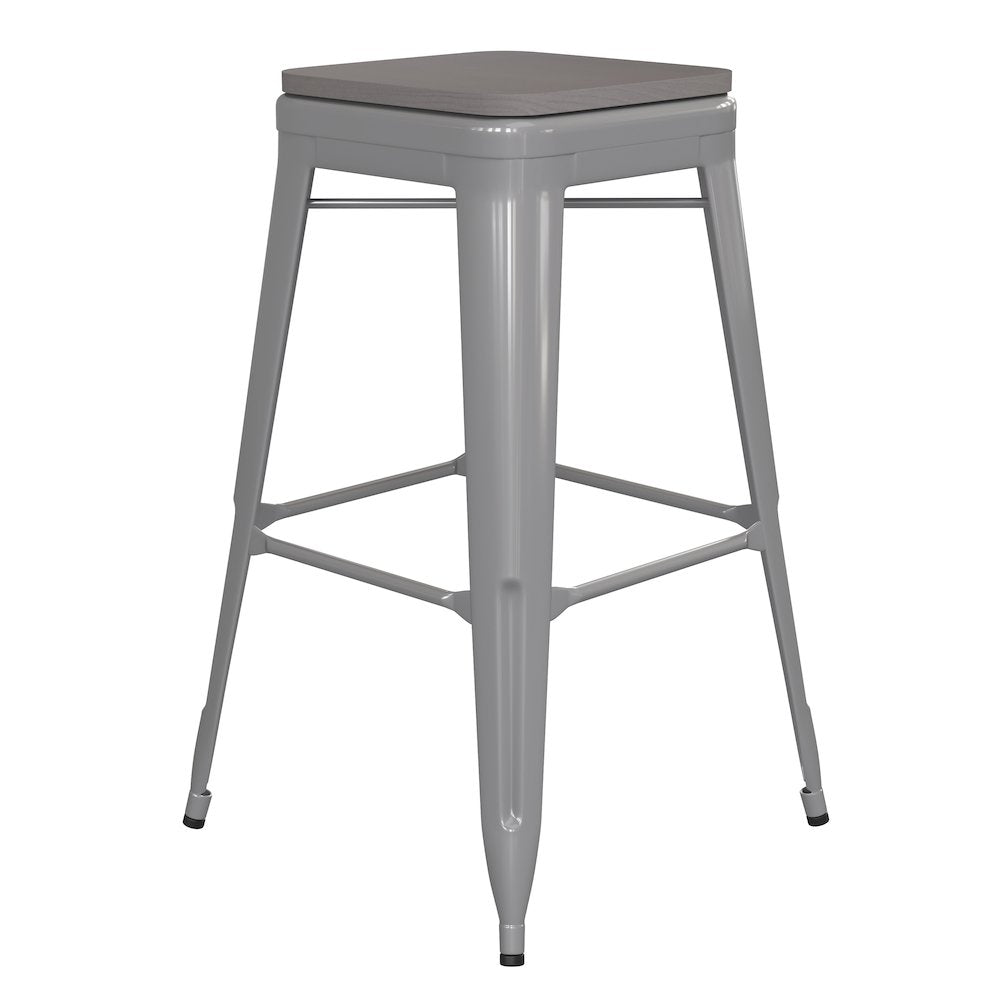 30" High Silver Metal Indoor-Outdoor Barstool with Gray Poly Resin Wood Seat