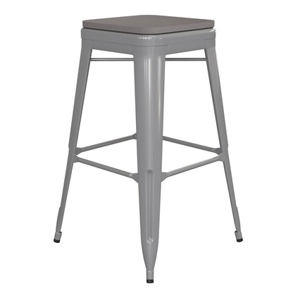 30" High Silver Metal Indoor-Outdoor Barstool with Gray Poly Resin Wood Seat