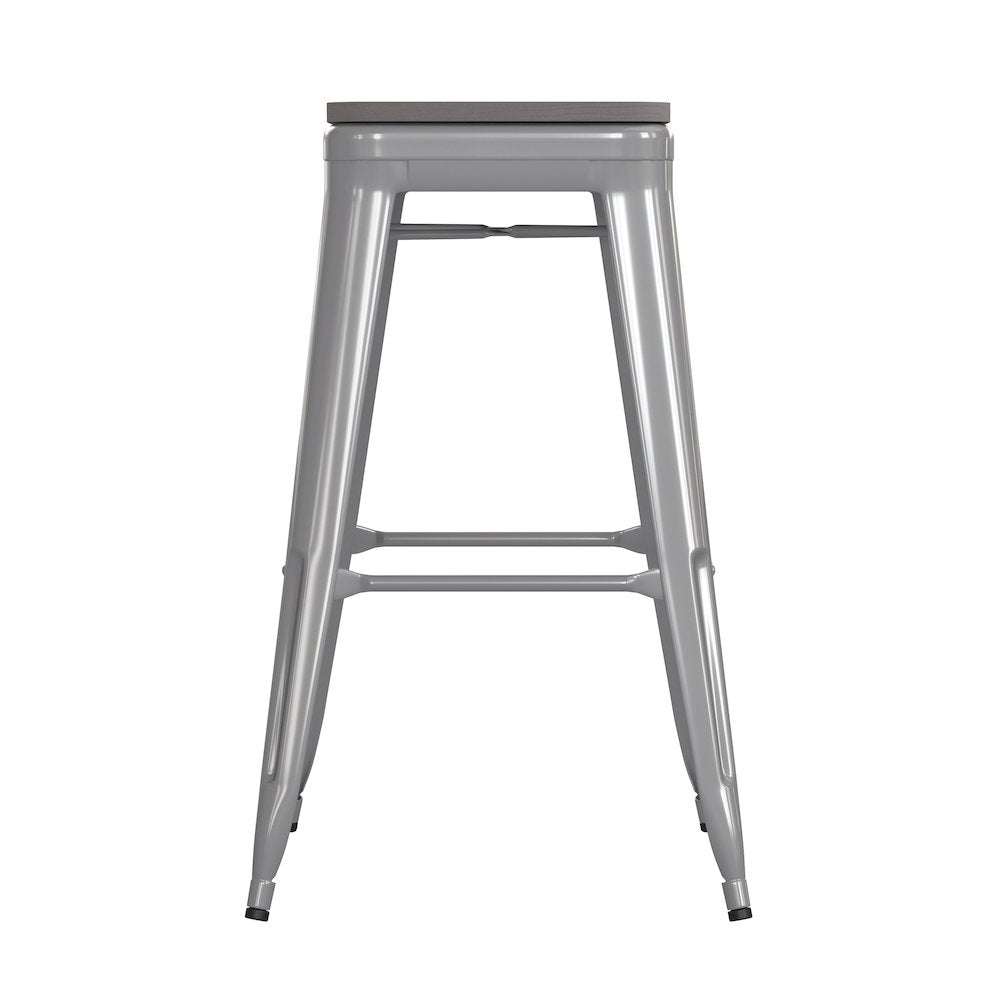 30" High Silver Metal Indoor-Outdoor Barstool with Gray Poly Resin Wood Seat