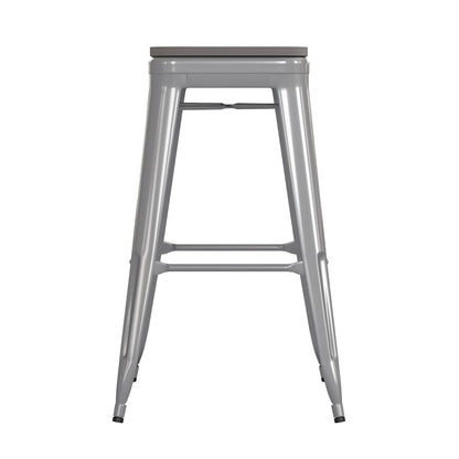 30" High Silver Metal Indoor-Outdoor Barstool with Gray Poly Resin Wood Seat