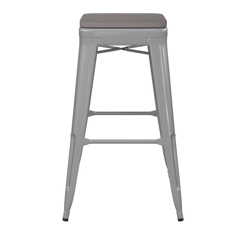 30" High Silver Metal Indoor-Outdoor Barstool with Gray Poly Resin Wood Seat