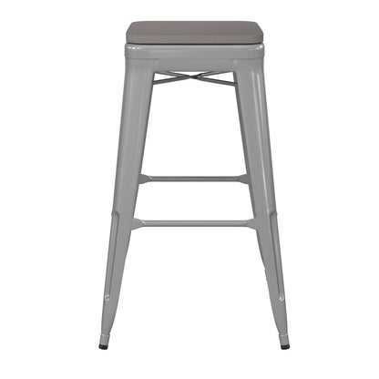 30" High Silver Metal Indoor-Outdoor Barstool with Gray Poly Resin Wood Seat
