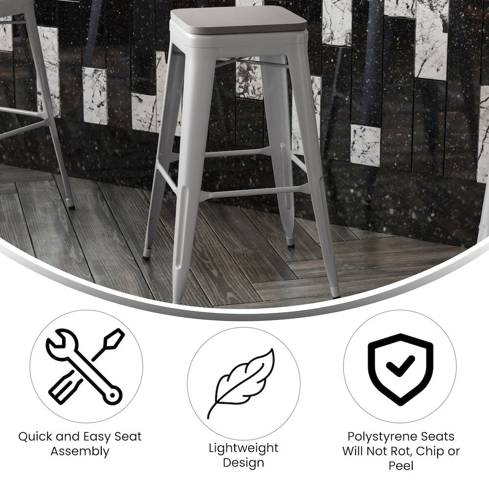 30" High Silver Metal Indoor-Outdoor Barstool with Gray Poly Resin Wood Seat