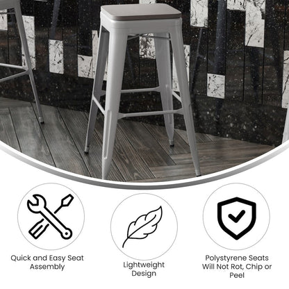 30" High Silver Metal Indoor-Outdoor Barstool with Gray Poly Resin Wood Seat