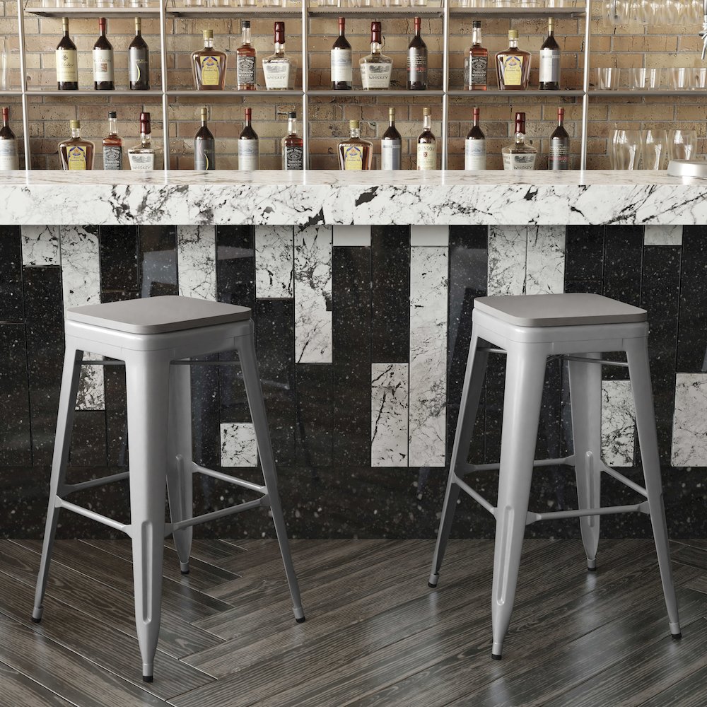 30" High Silver Metal Indoor-Outdoor Barstool with Gray Poly Resin Wood Seat