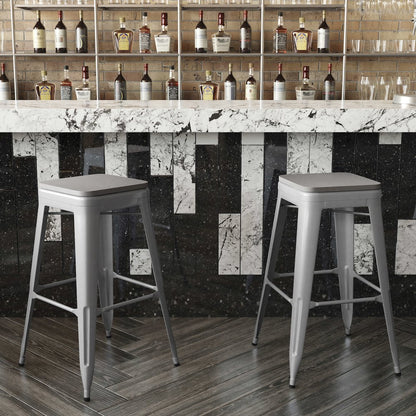 30" High Silver Metal Indoor-Outdoor Barstool with Gray Poly Resin Wood Seat